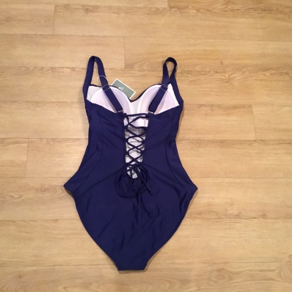 Women's V Neck Lace Up Back One Piece Bathing Suit - Picture 6 of 7